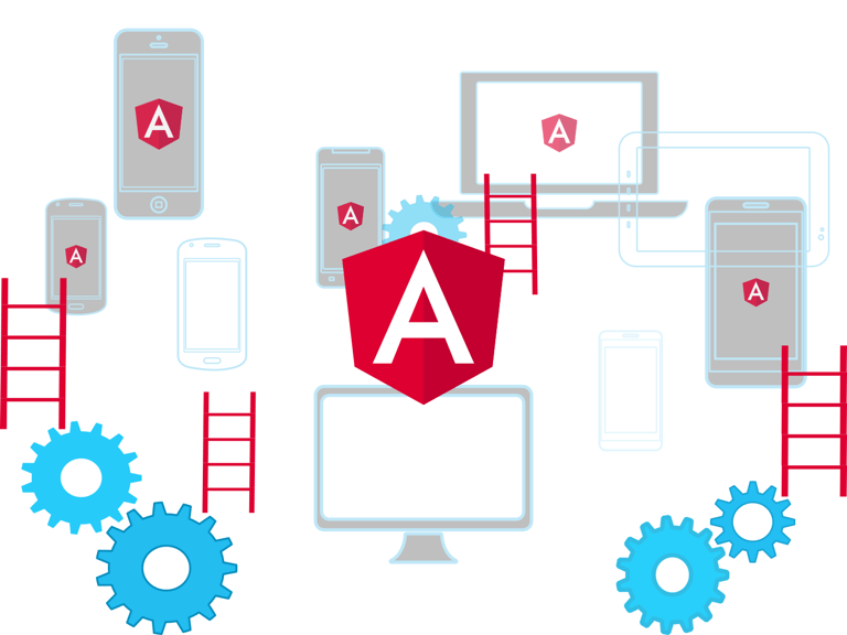 Angular Logo mit verschiedenen Device Typen im Hintergrund